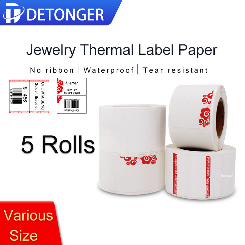 DETONGER Thermal Jelwery Label Paper 5 Rolls Waterproof Oilproof Scratchproof  Price Tag Free App Template Sticker Paper