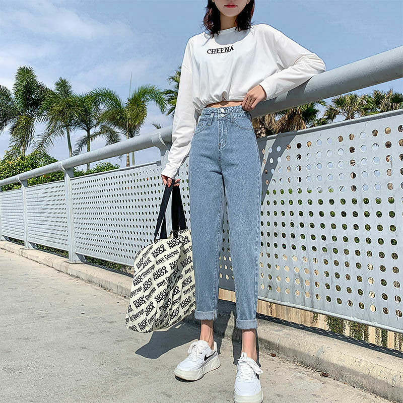 CGC 2022 Tren Jeans Pinggang Tinggi Wanita Antik Denim Celana Capri Perempuan Mode Korea Jeans Longgar Lurus Celana Streetwear