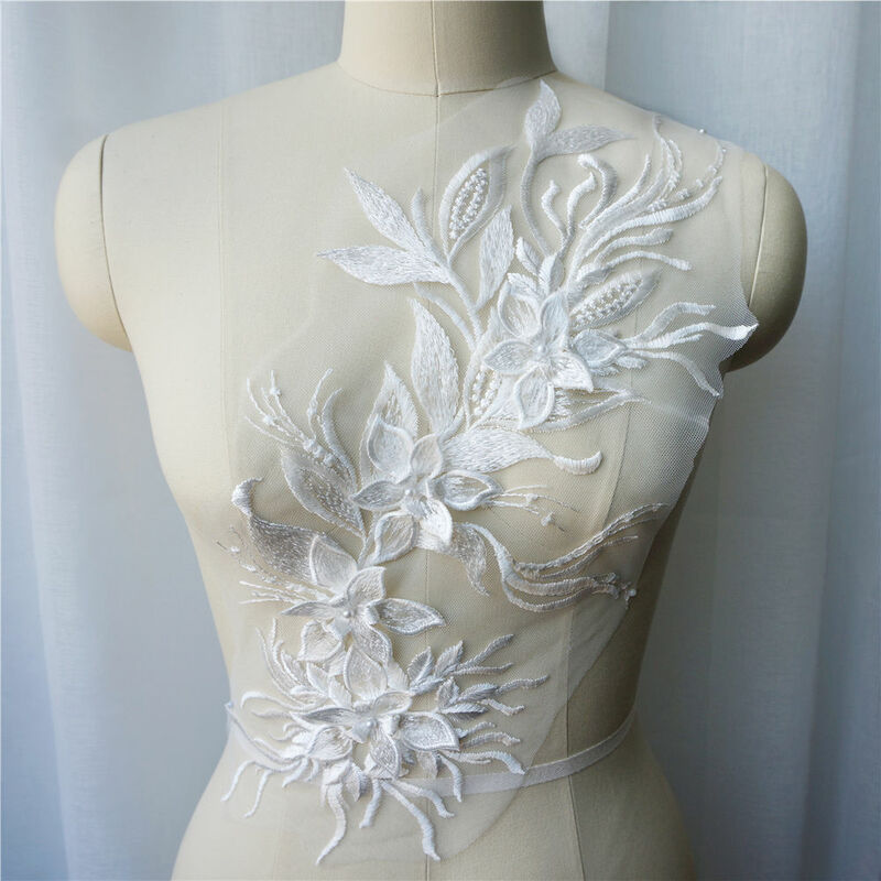 Colarinho bordado Mesh Sew Patch para Decoração de Casamento, Flor 3D, Tecido De Renda De Borla, Apliques Vestido, Branco, Preto, Cinza, Vestido DIY