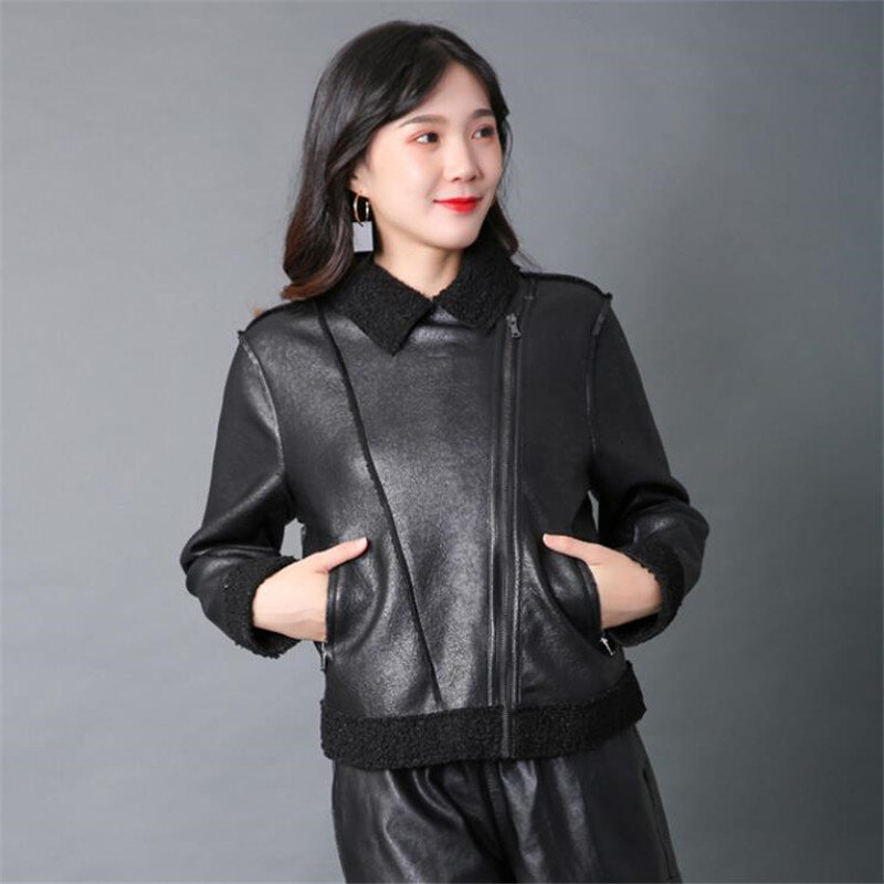 2023 Autumn Winter New Short PU Faux Leather Jacket Women's Zipper Loose Korean Imitation Lambswool Leather Coat
