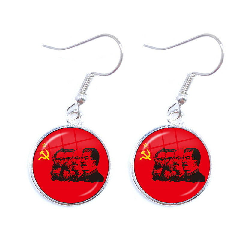 Soviet USSR Stalin Lenin Drop Earrings Classic Red Star Hammer Sickle Communism Emblem CCCP Glass Cabochon Ear Jewelry For Women