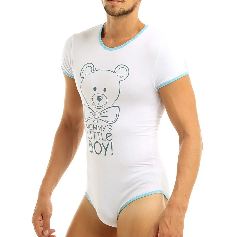 Men Romper Pajamas Cute Bear Print Sissy Short Sleeve Homewear Playsuits Jumpsuit Sleepwear