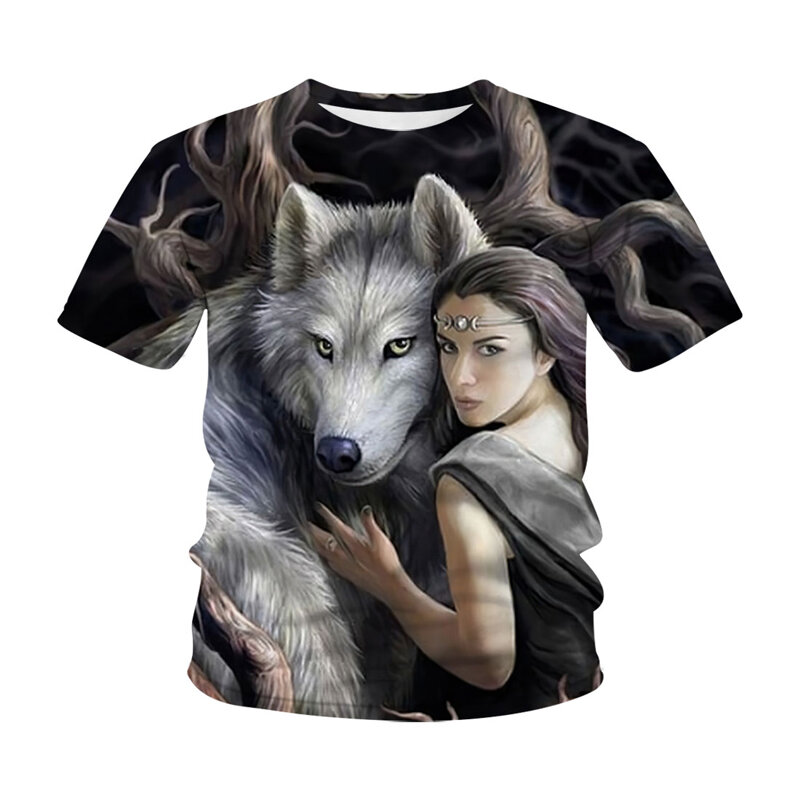 2021 nowe chłopięce dziewczyny wilk 3D nadruk zwierzęta ładna dziewczyna odzież letnie ubrania dla dzieci T-shirt na co dzień zabawa dla dzieci T-shirt 4-14T