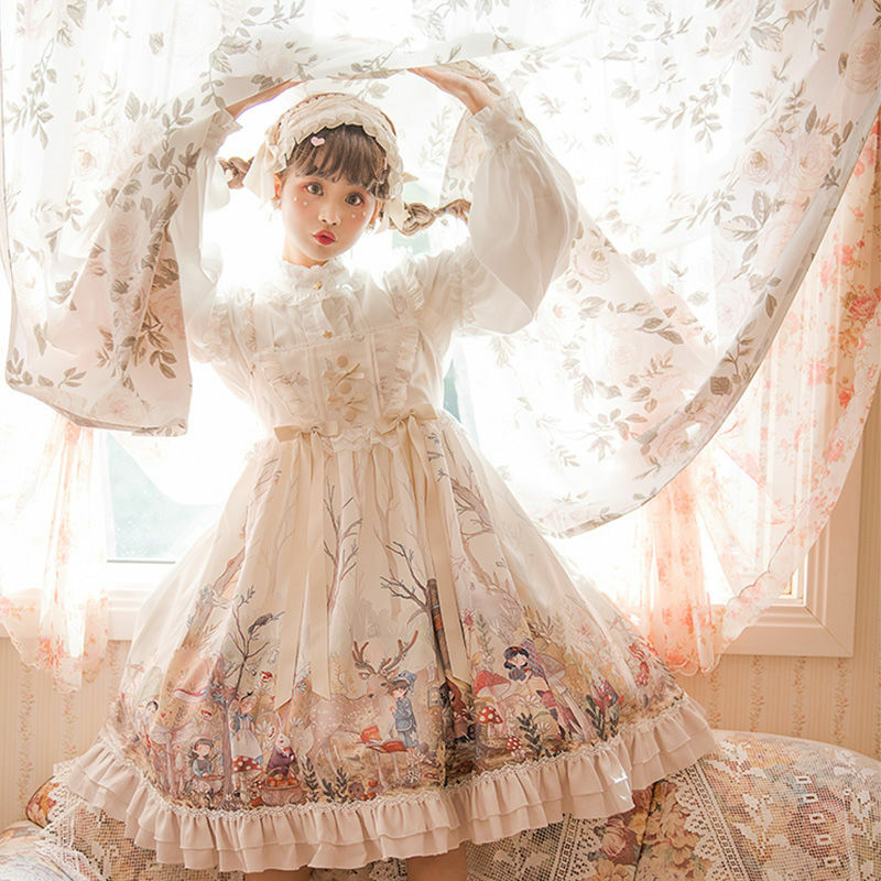 Victorian Vintage Lolita Jsk Dress Cute Print Women Kawaii Bow Ruffles Princess Dresses Girls Fairy Harajuku Party Mini Dress