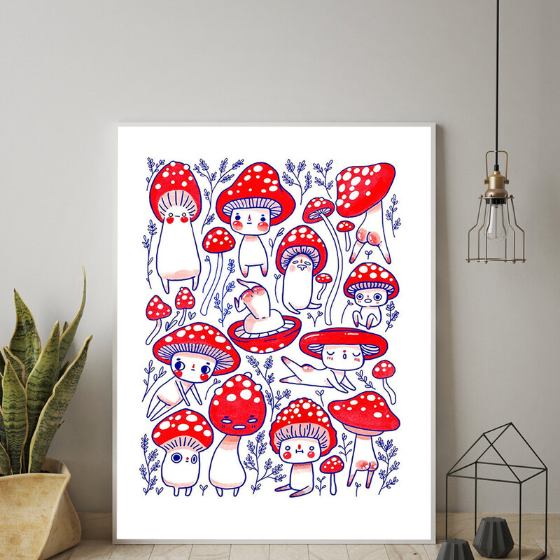 추상 포스터 캔버스 회화 레드 블루 버섯 귀여운 섹시한 엉덩이 인쇄 빈티지 벽 예술 그림 거실 홈 장식