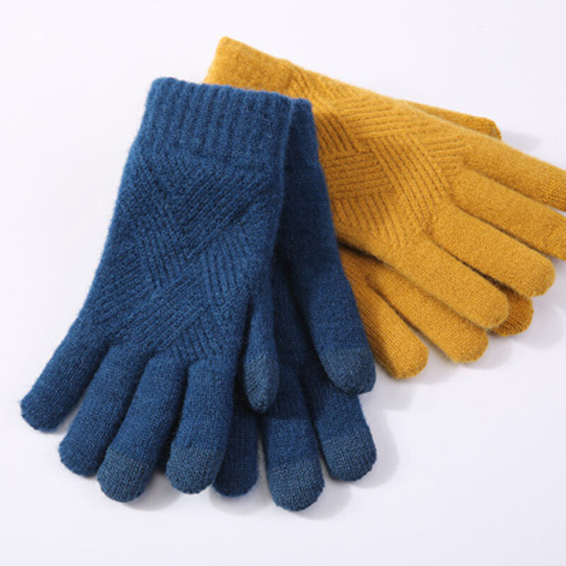 Женские зимние теплые вязаные перчатки с пальцами, мужские однотонные Шерстяные варежки для сенсорных экранов, женские плотные теплые перчатки для велоспорта и вождения H46