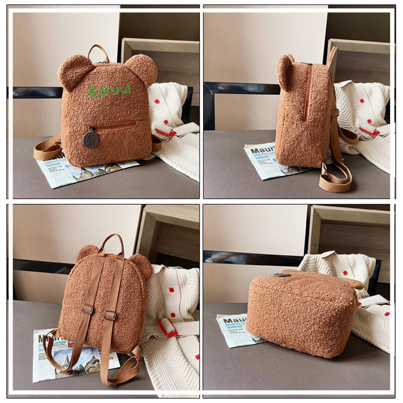 Mochila bordada personalizada para niños pequeños, bolsa preescolar ligera de oso de felpa, mochila con nombre personalizado para niños, niñas y damas