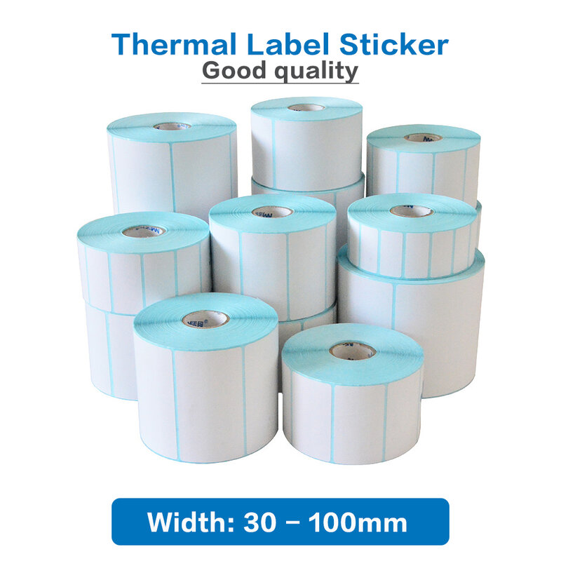 Etiqueta Adhesiva térmica de ancho de 30mm ~ 100mm, pegatinas de código de barras de papel térmico, impermeable, a prueba de aceite y a prueba de arañazos