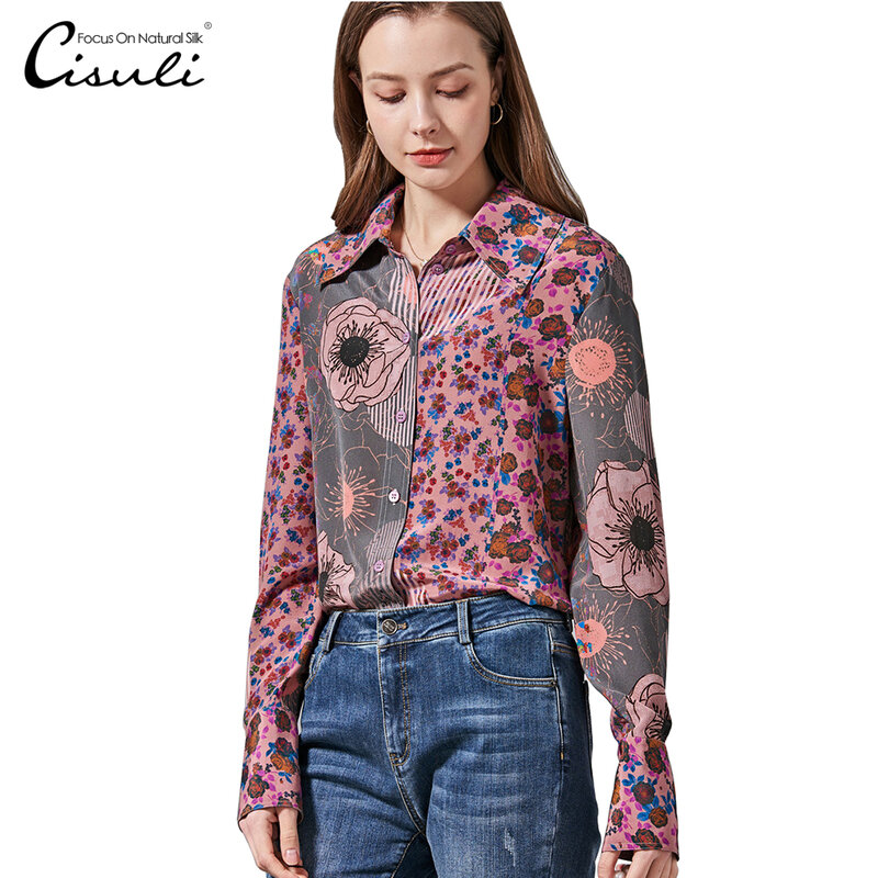 Cisuli 100% seda impresso camisa estilo feriado outono camisa para mulher