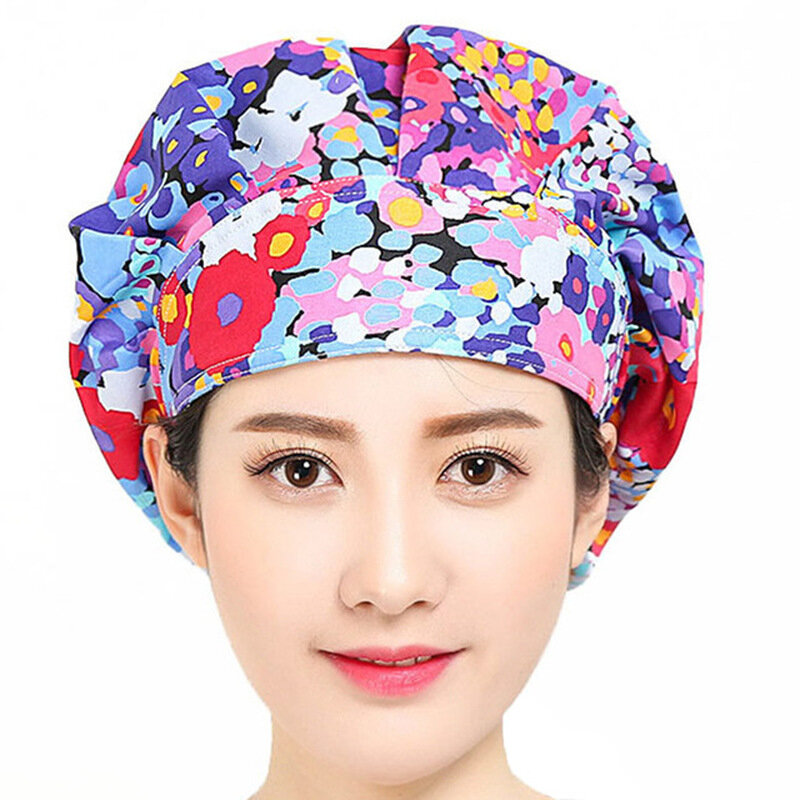 Cappellini Scrub per donna copricapo cappelli Bouffant regolabili stampati a fiori cappelli in cotone abbigliamento da lavoro