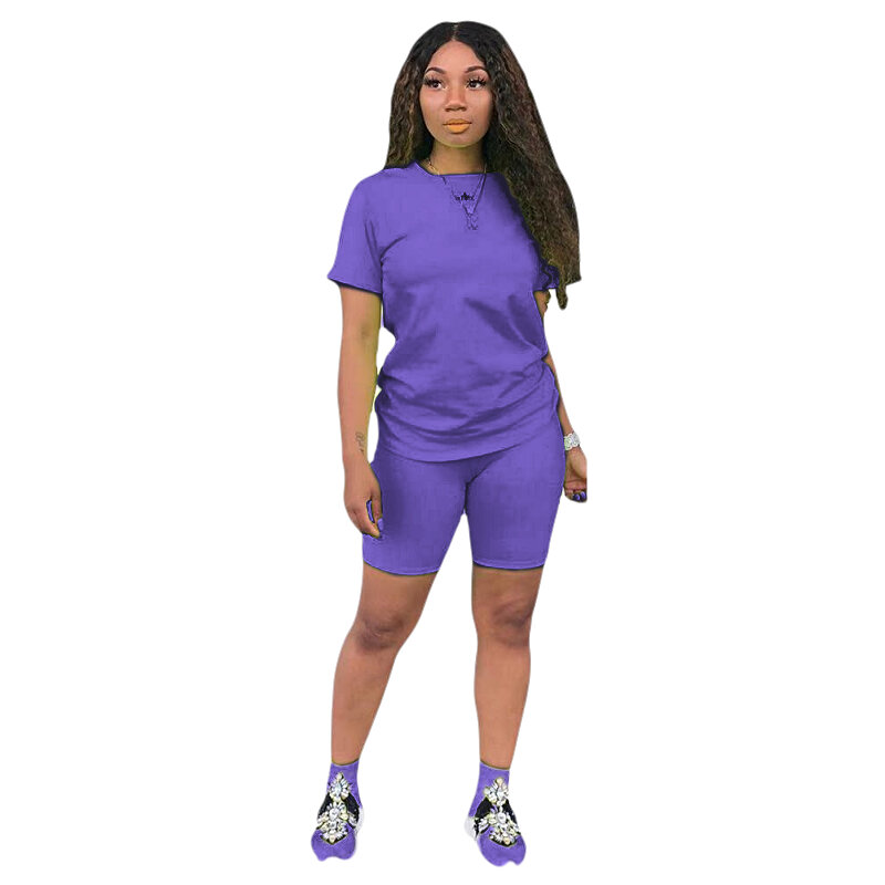Lemon Gina Summer Women Short Sleeve O-Neck Tee Top Pencil Shorts Suits Two Piece Set Sporty Active Tracksuit Outfit 8286