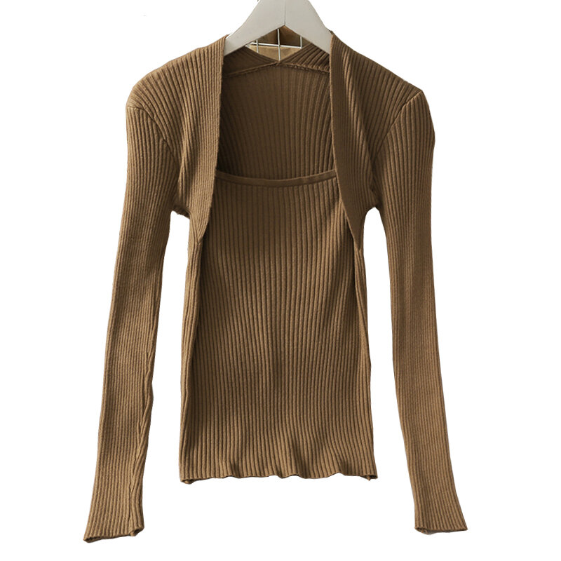 Jersey de punto con cuello cuadrado para mujer, ropa de manga larga elástica vintage, Tops sexys ajustados, jersey de café para primavera y otoño