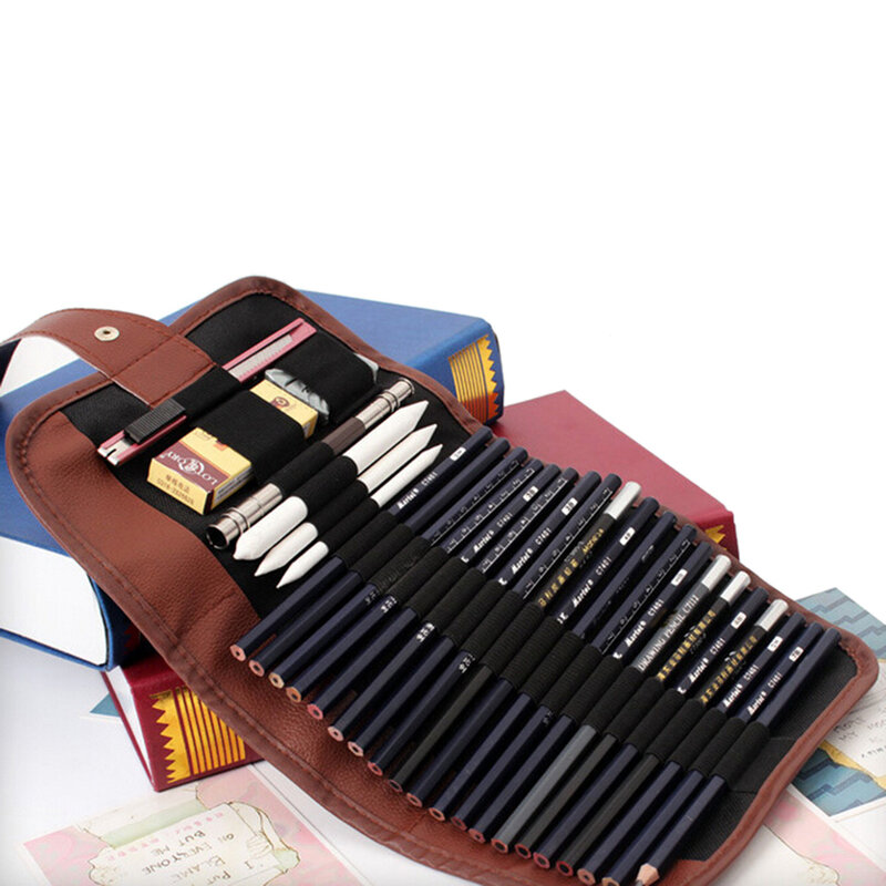 Trousse à crayons pour croquis, ensemble de 24 pièces, étui à crayons avec charbon de bois, extension à crayons, coupe-ombre, sac de dessin pour fournitures de papeterie