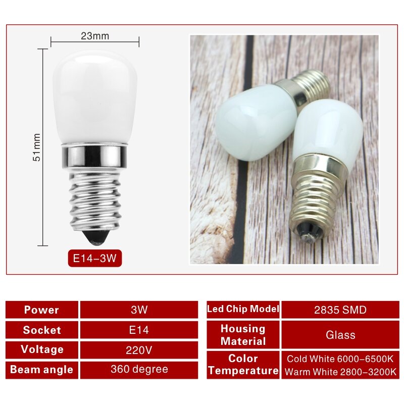 2 шт./лот 3 Вт E14 светодиодная лампочка для холодильника, лампочка для кукурузы, 220 В переменного тока, светодиодная лампа белого/теплого белого цвета, SMD2835, заменить галогенный свет