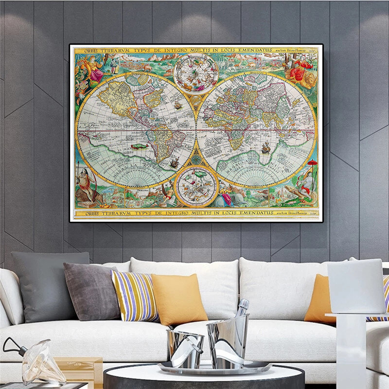 1594 Latin Vintage World Map 150x100cm Non-woven Canvas Painting Decorative Globe Art Poster Wall Sticker Office Home Decoration