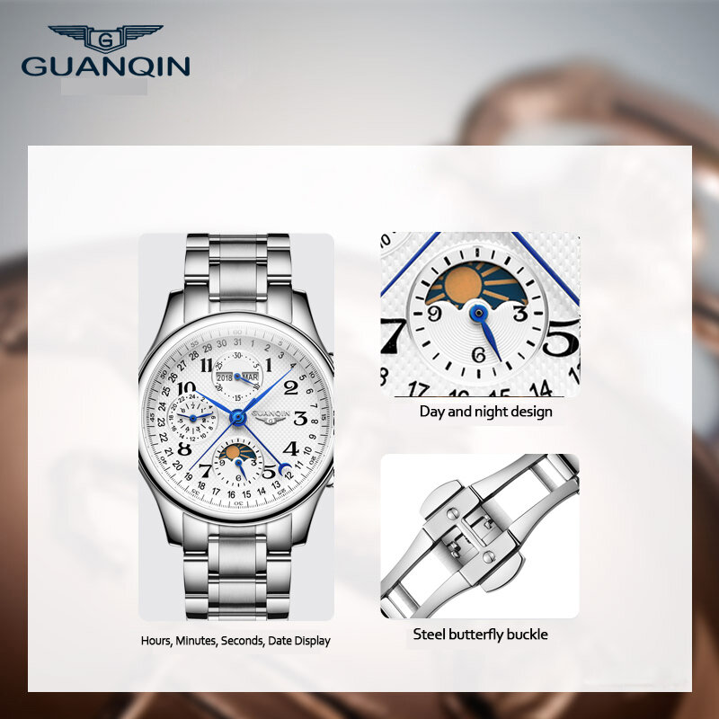 GUANQIN 남성용 자동 시계, 사파이어 다기능 달 위상, 방수 영구 달력, 기계식 시계