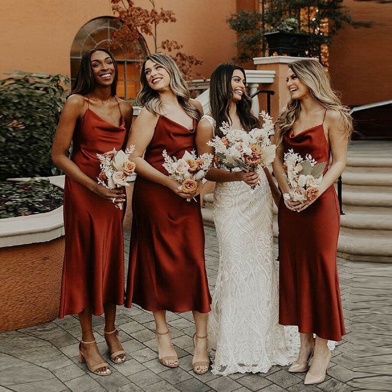 Sexy rojo de satén suave vestidos de dama de honor spaguetti de la correa del tobillo longitud estilo Simple vestidos de boda y vestidos de fiesta de caliente