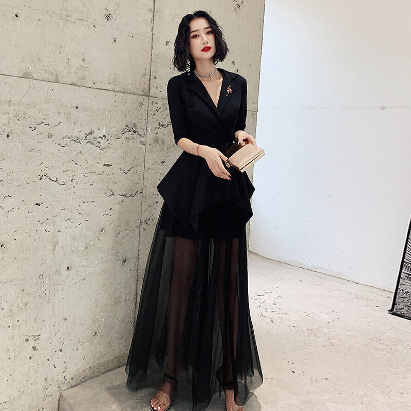 Korean Style Business Dress Ankle-Length V-Neck Gentle Banquet Gowns Half Sleeve Floor-Length A-Line Formal Evening Dresses