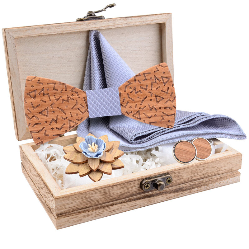 Conjunto de gravata borboleta de madeira sólida masculina, lenço de gravata borboleta de madeira conjunto de broche com caixa de madeira para homens, presente de casamento, gravata de pescoço