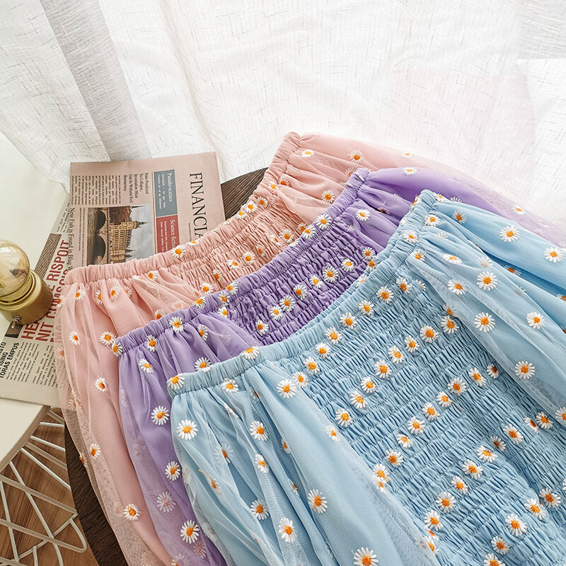 HISUMA-여름 퍼프 슬리브 슬래시 넥 여성 메쉬 거즈 기본 프릴 셔츠, 여성 짧은 탄성 슬림 자수 꽃 블라우스 탑스