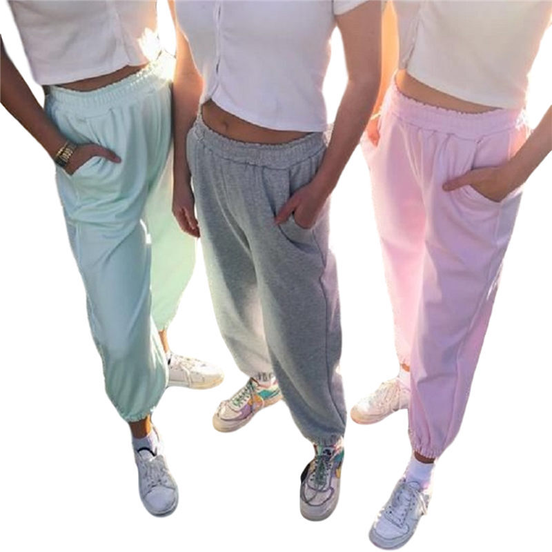 Женские свободные спортивные брюки с высокой талией, однотонные длинные брюки для спортзала, повседневные весенне-осенние женские брюки с карманами