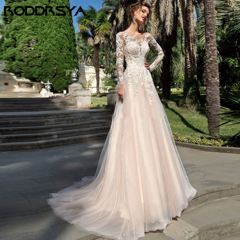 RODDRSYA-Robe de Mariée Trapèze à Manches sulfet lèvent, Vêtement sur Mesure de Grande Taille pour Patients Robe De mariée manches longues Appliques mariée Vestido De mariée dentelle bouton robe De mariée une ligne fai