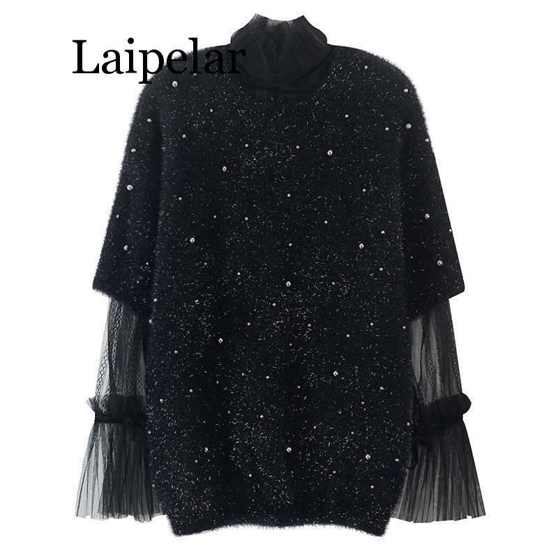 2020 Summer new fashion clothes women O-Neck lantern Sleeve Lace gauze bottoming shirt+Black bright silk sweater suit