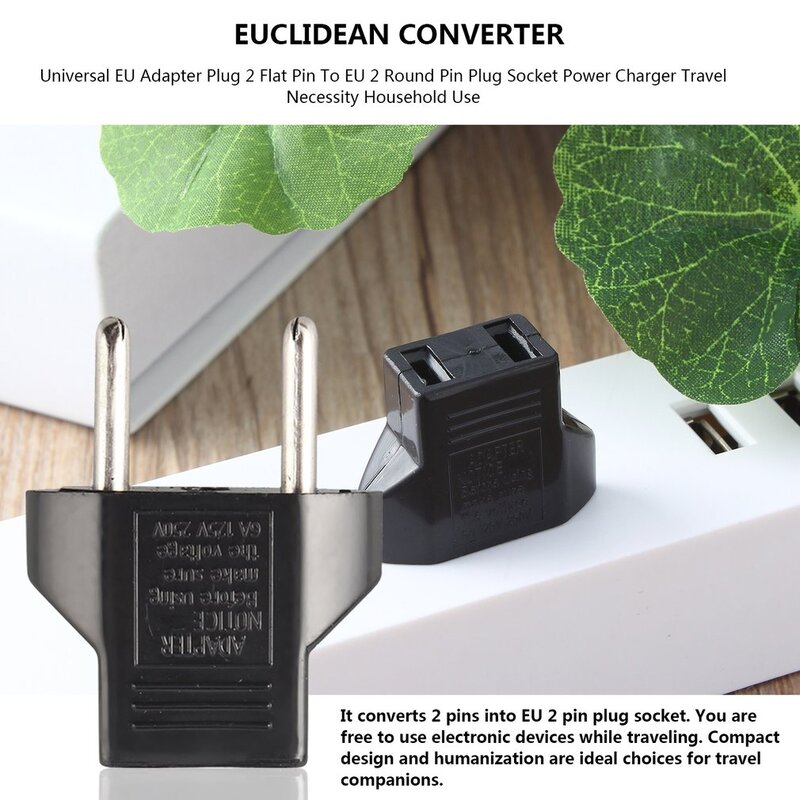 1PC Universal EU Adapter Plug 2 Flat Pin 2 Round Pin Plug Socket Power Charger Travel Necessity Household Use EU Plug