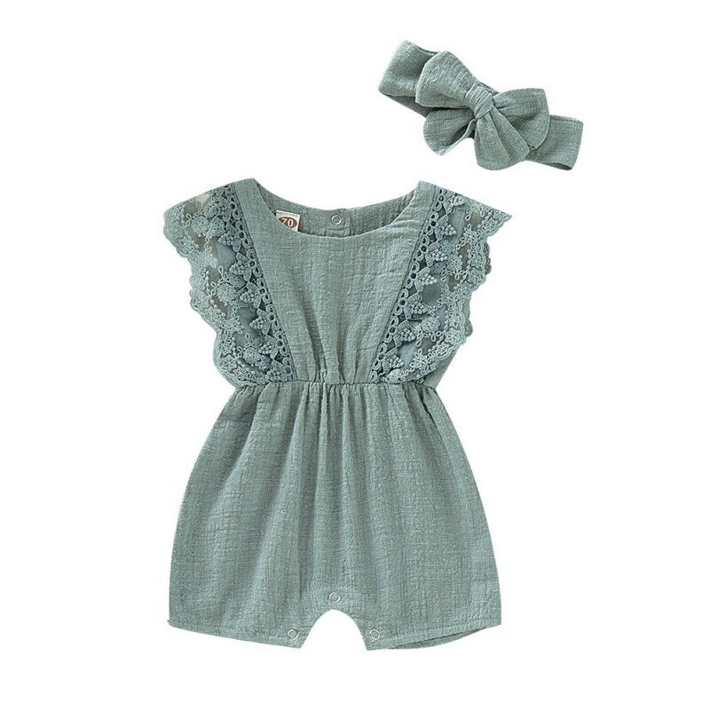 여름 아기 소녀 Rompers 신생아 아기 단색 레이스 디자인 Romper 옷 유아 플레어 슬리브 Jumpsuit 머리띠 한 조각