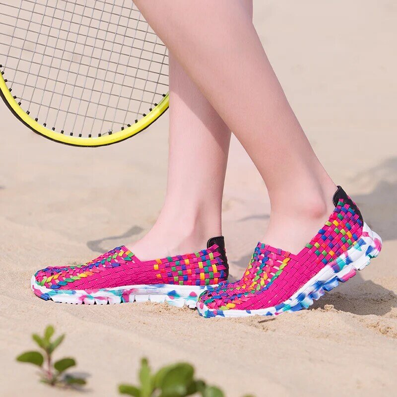 STRONGSHEN New Women Shoes Summer Casual Shoes Flats Breathe Female Woven Walking Shoes Slip On Lady Loafers Handmade Shoes