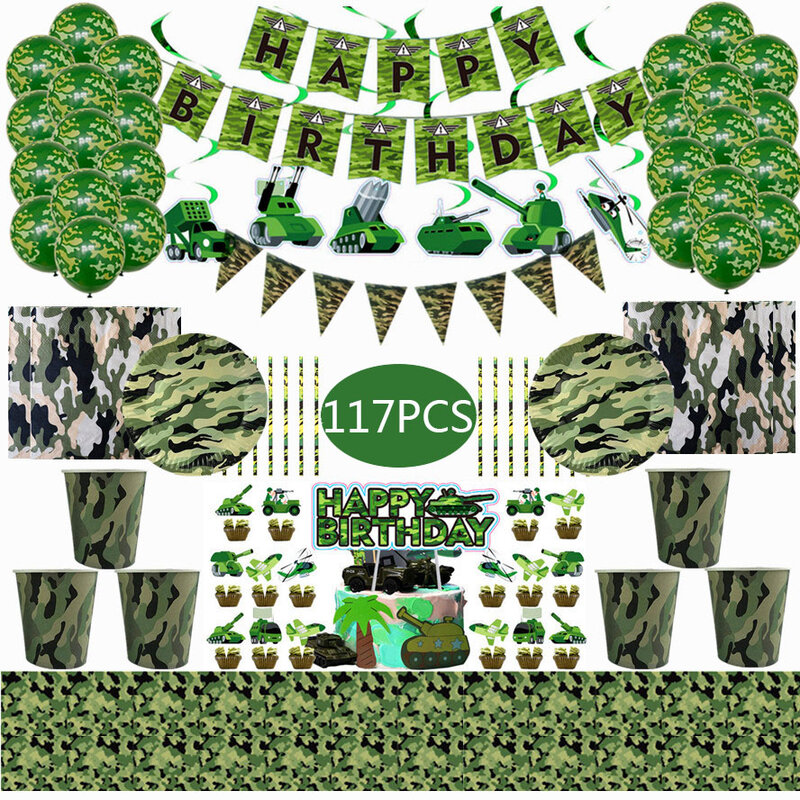 Juego de vajilla con tema de camuflaje verde militar para fiesta, vasos de papel, platos, suministros para fiesta de cumpleaños de niños