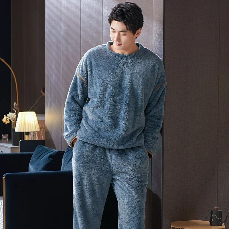 Men's Winter Flannel Pajamas Set Coral Fleece Solid Color Sleepwear Homewear Thick Warm Velvet Male Suit O-Neck Fall Sweatshirt