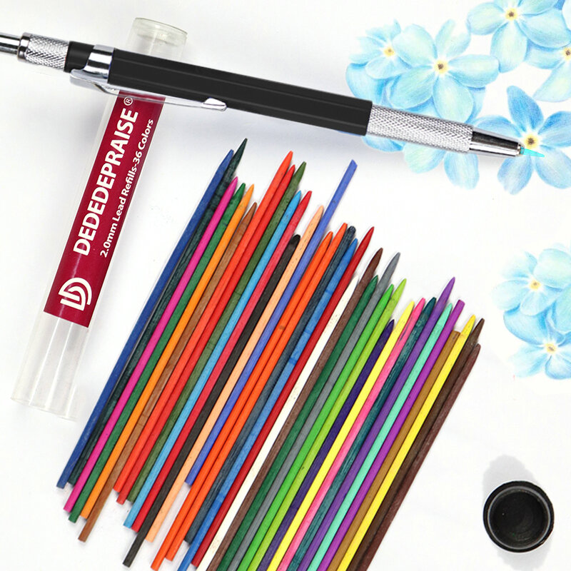 Dededepraise esboço desenho 2.0mm imprensa lápis mecânico & 36 cores leva lápis coloridos lápis automático substituição leads