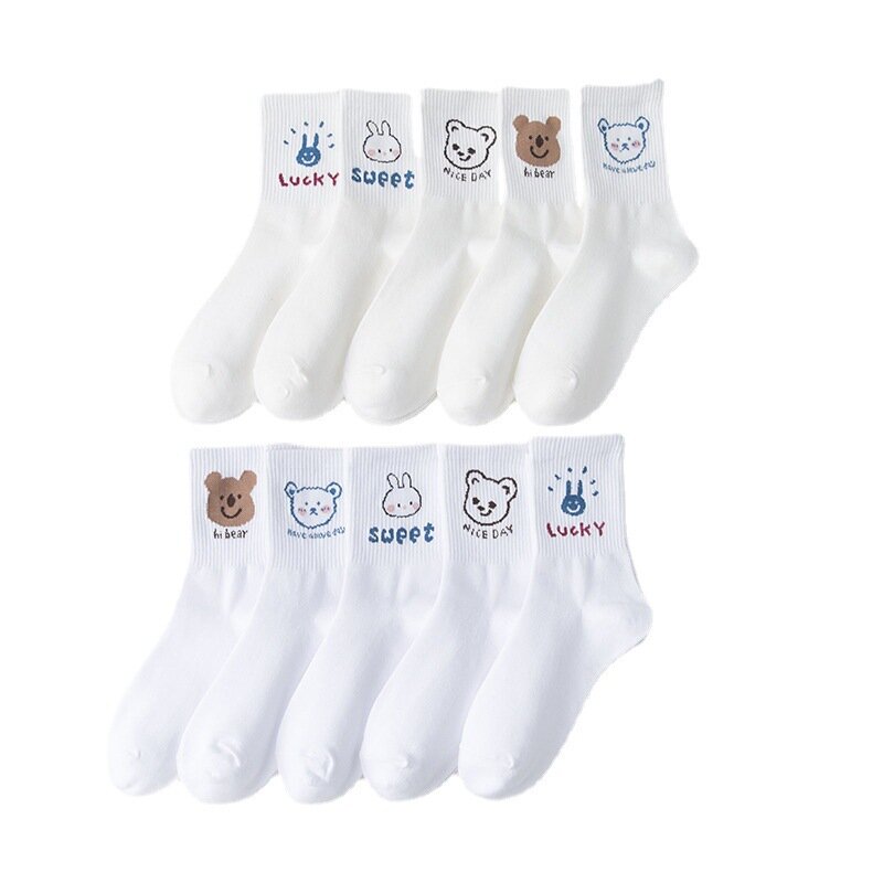 Calcetines de algodón con estampado de dibujos animados para mujer, medias transpirables con diseño de oso bonito y Animal, peinado de algodón puro, color blanco, novedad