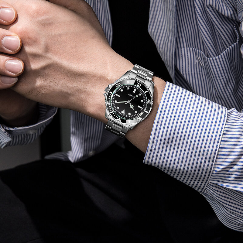 Часы в стиле ныряльщика 39 мм с черным циферблатом, Универсальный вращающийся ободок, японский часовой стальной ремешок