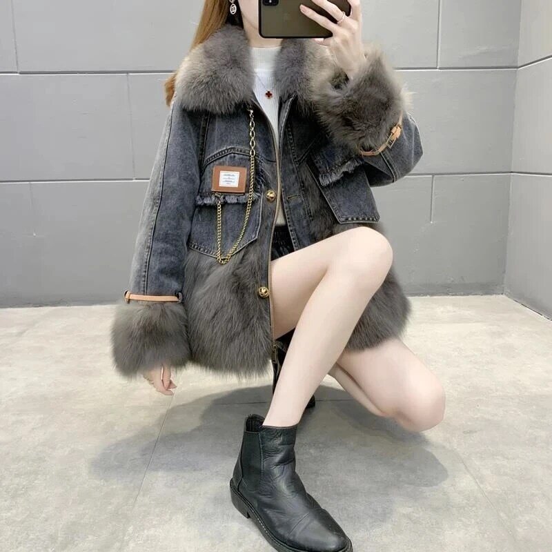 Winter Denim Jacket Fake Fur Patchwork Loose Parker  Korean Fashion Grey Wild Cowboy Outwear Femme Female Warm Jeans Coat