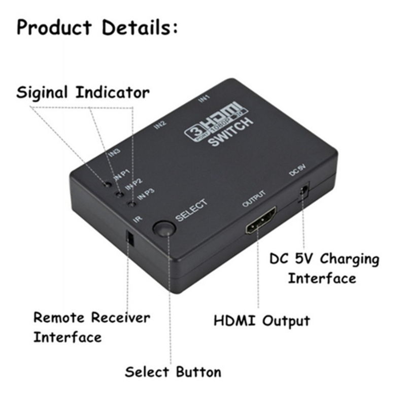 PzzPss HDMI Switcher 3 In 1 Aus 3 Ports Hub Box Auto Schalter 1080p HD 1,4 Mit Fernbedienung für HDTV XBOX360 DVD Projektor