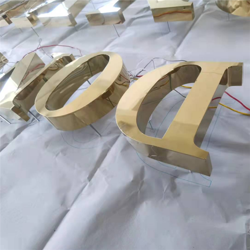 Letras LED retroiluminadas de acero inoxidable pulido, espejo dorado, personalizado, para tienda de negocios