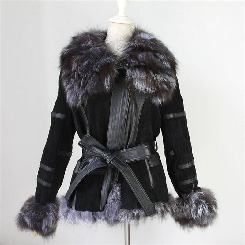 IANLAN 여성용 캐주얼 겨울 진짜 모피 코트, 허리띠 정품 가죽 재킷, 실버 여우 모피 칼라 및 커프 트리밍 IL00005