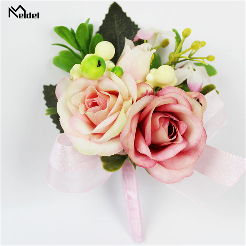 Meldel bride corsage, noivo e madrinhas, bracelete artificial de seda com rosas e flores de plástico, para meninas e homens, decoração para casamento