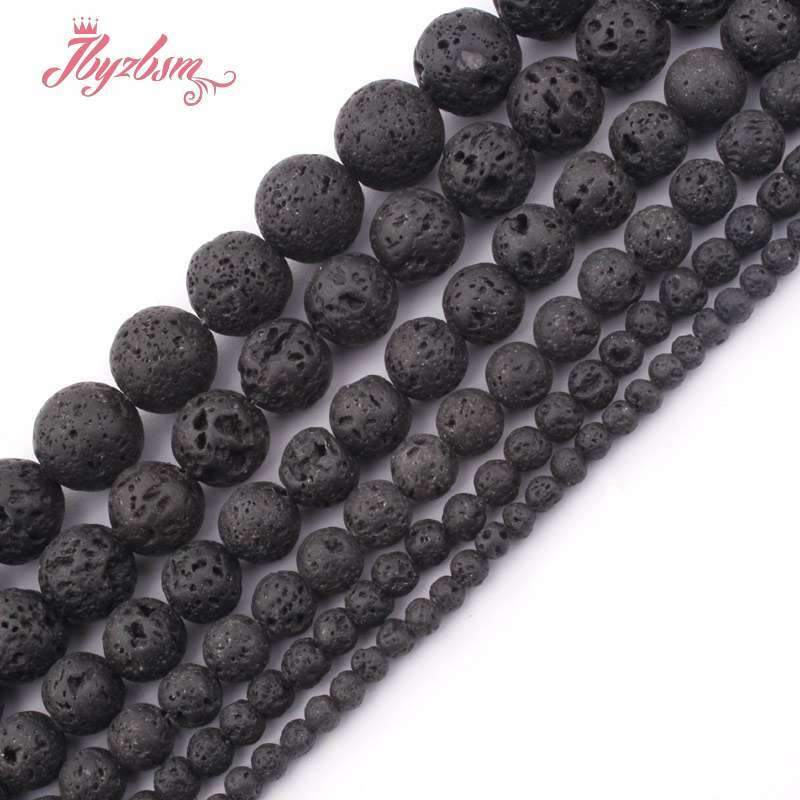 4,6,8,10mm batu Lava alami bulat hitam longgar manik-manik batu alami untuk DIY kalung gelang perhiasan membuat untai 15"