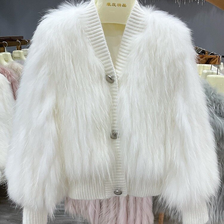 Manteau en laine tricoté pour femme, veste en fourrure naturelle, gilet en fourrure de renard tricoté, chandail, Cardigan, printemps et automne
