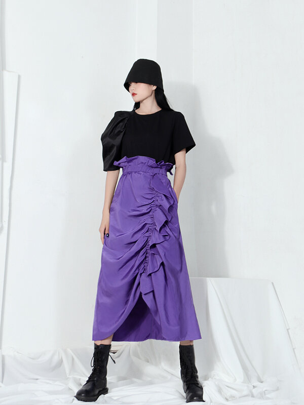 TIYIHAILEY Free Shipping 2021 New Fashion Long Mid-calf Women Spring Autumn Summer Ladies Skirt S-L High Waist Purple Ruffles
