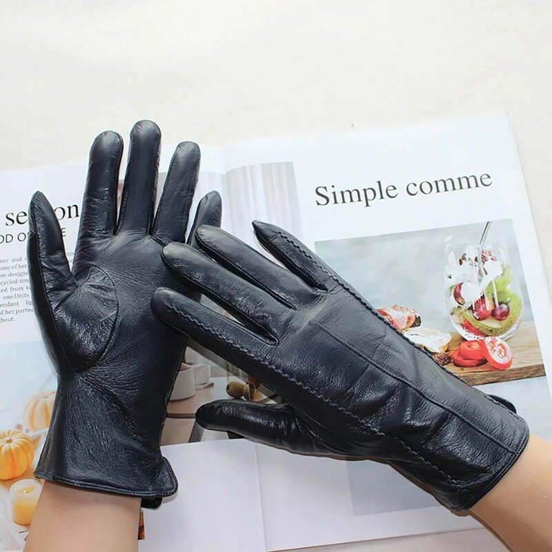 New Women Color Leather Gloves Striped Style Velvet Lining Autumn And Winter Warm High Quality Sheepskin Gloves