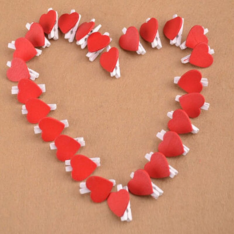 100 unids/pack Mini corazón Amor de ropa de madera papel de foto Peg Pin pinza arte postal Clips casa decoración boda