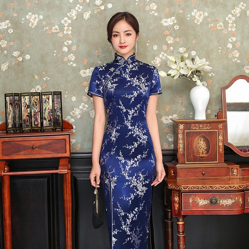 우아한 새로운 브로케이드 새틴 긴 포크 Cheongsam 중국 클래식 여성의 Qipao 짧은 소매, 섹시한 웨딩 이브닝 파티 드레스 4XL