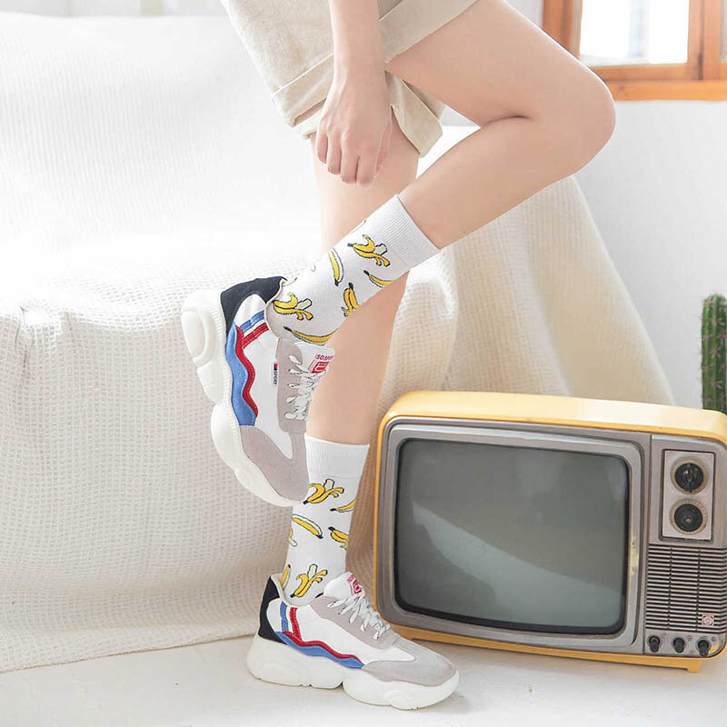 Creative High Quality Fashion Harajuku Kawaii Happy Socks Women Banana fruit Strawberry Animal Print Funny Socks Flame socks