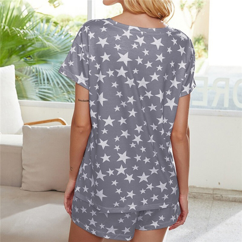 패션 2pcs 세트 Nightwear 여성 별 인쇄 짧은 소매 잠옷 세트 나이트 라운지 탑 반바지 잠옷 Pijama Mujer Verano