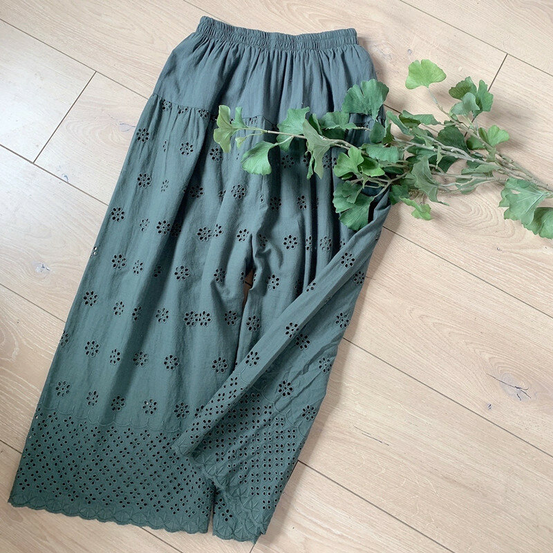 Pantalones de pierna ancha de algodón y lino para mujer, pantalón informal con cintura elástica y encaje bordado de flores