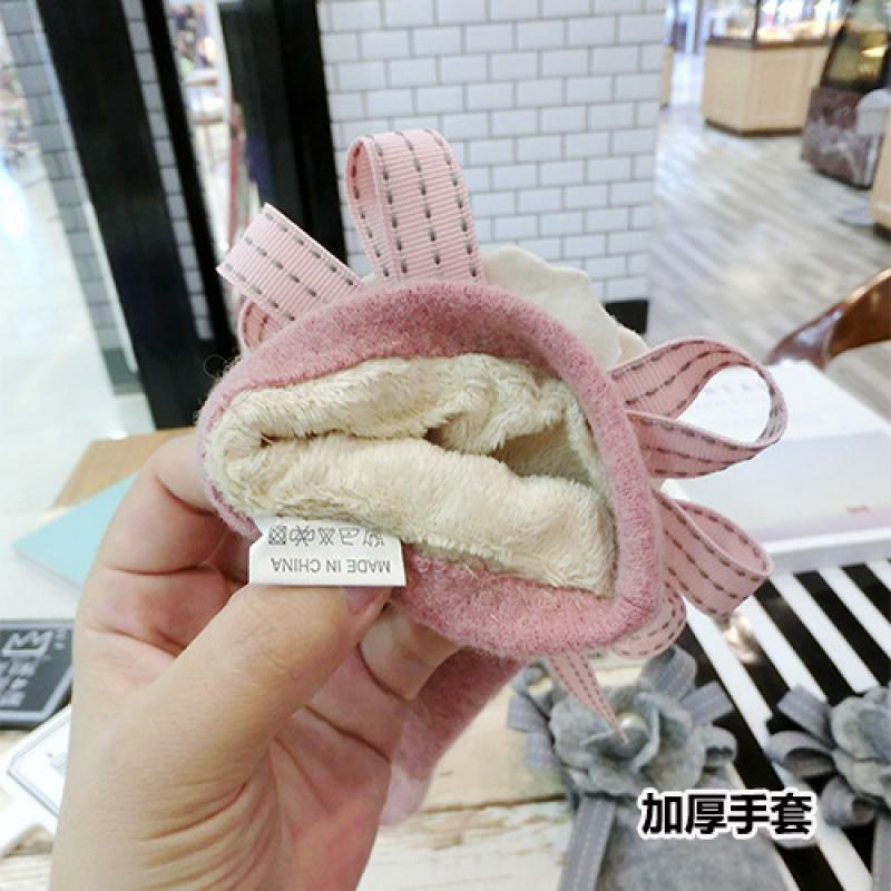 Senhoras de lã de cinco dedos pérola luvas de lã nova versão coreana de camélia arco calor e grosso split-dedo tela de toque luvas